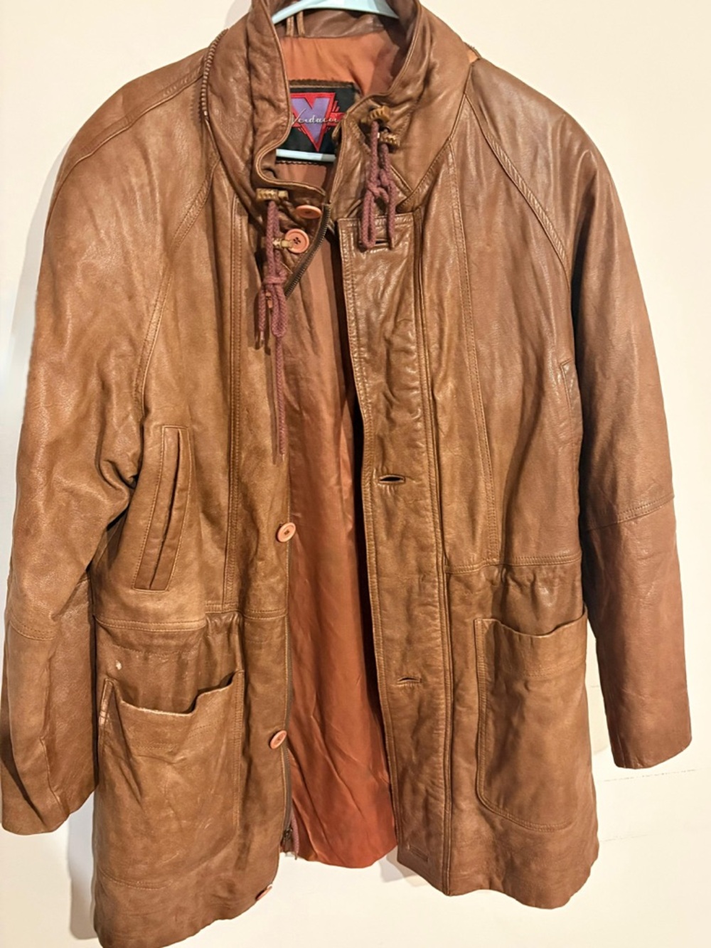 Men's Brown Leather Trench Coat with Toggle Neck and Patch Pockets